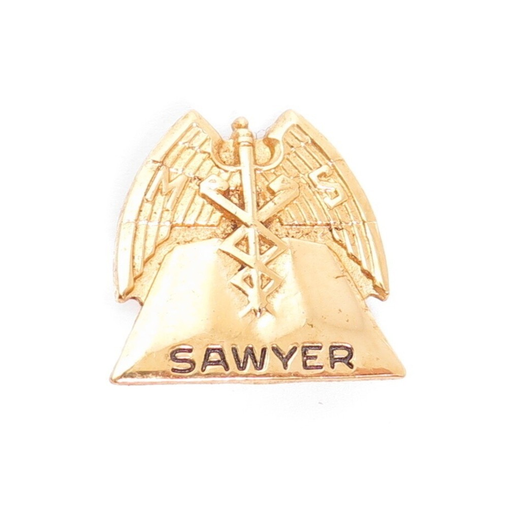 VINTAGE "SAWYER" EAGLE & CADUCEUS SYMBOL GOLD PLATED OR FILLED SMALL COATโ PIN